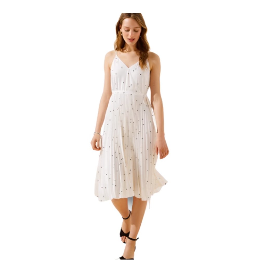 LOFT Polka Dot Pleated Wrap White Midi Dress